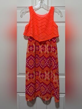 SZ 7/8 Faded Glory Girl's Sleeveless Eyelet Overlay Bodice Maxi Dress - Orange
